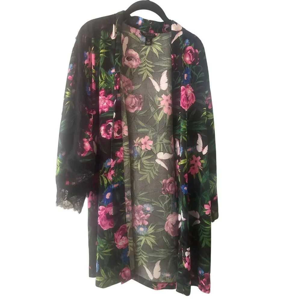 Victorias‎ Secret Black Floral Kimono Robe Satin With Lace Trim - XS/S